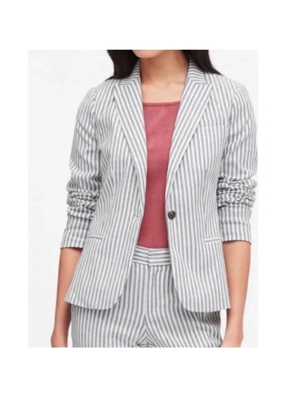 Banana Republic Striped Blazer Navy White Bi-Stretch Linen Blend NWT Size 4